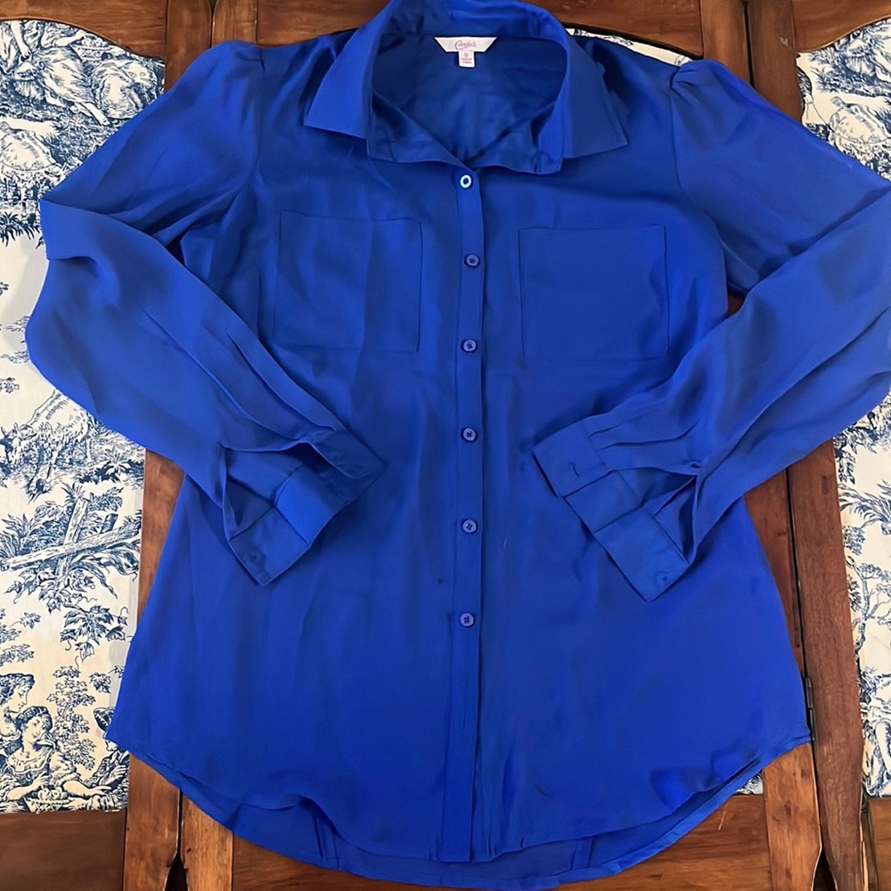 Sheer blue button-up blouse